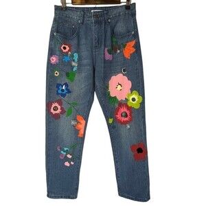 Misslook Floral Blue Jeans Straight Leg High Waist